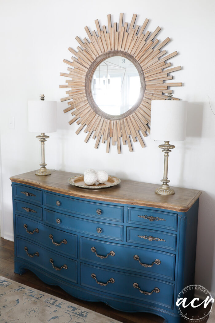 aubusson blue dresser with starburst mirror