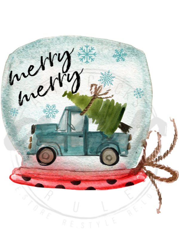 snow globe with blue truck and tree