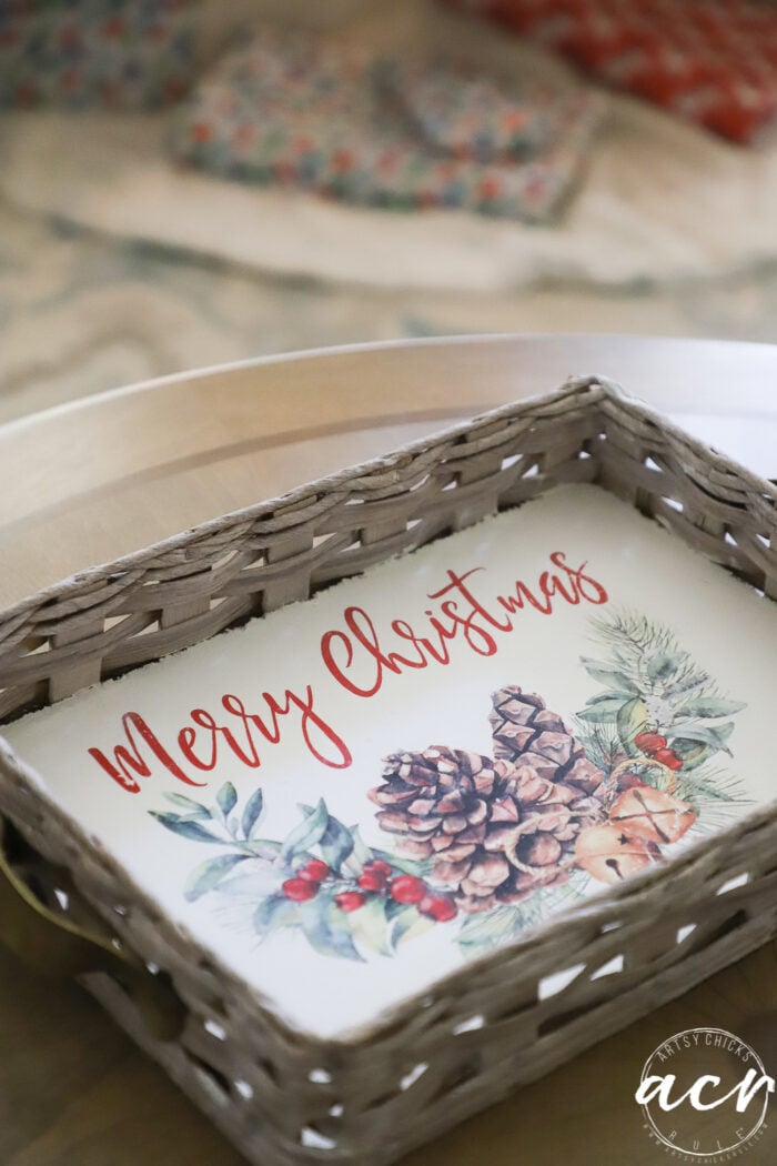 basket tray painted white with merry christmas printable on base