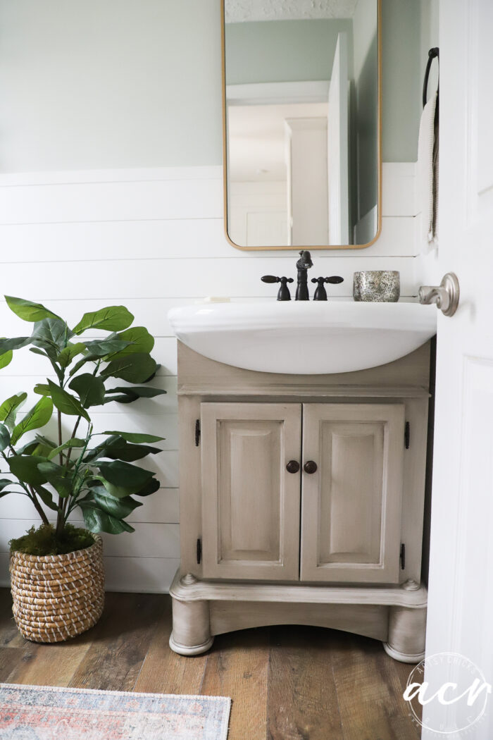 tan bath cabinet, wood floor, gold mirror, blue wall, green plant