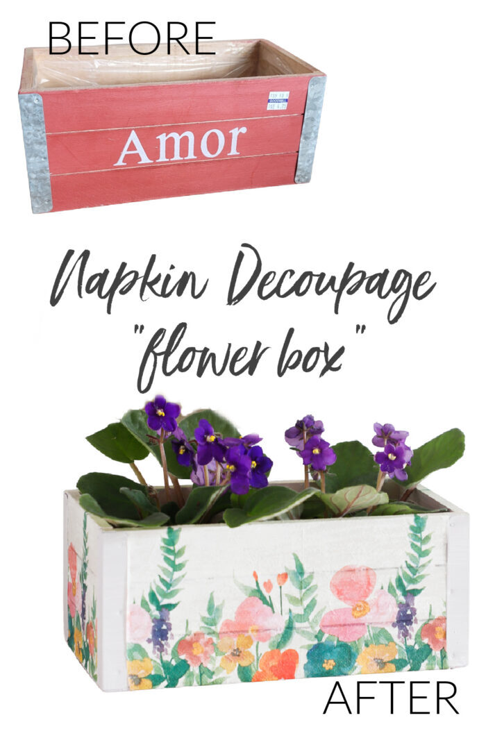 This sweet "flower box" was a thrifty makeover using napkin decoupage! artsychicksrule.com