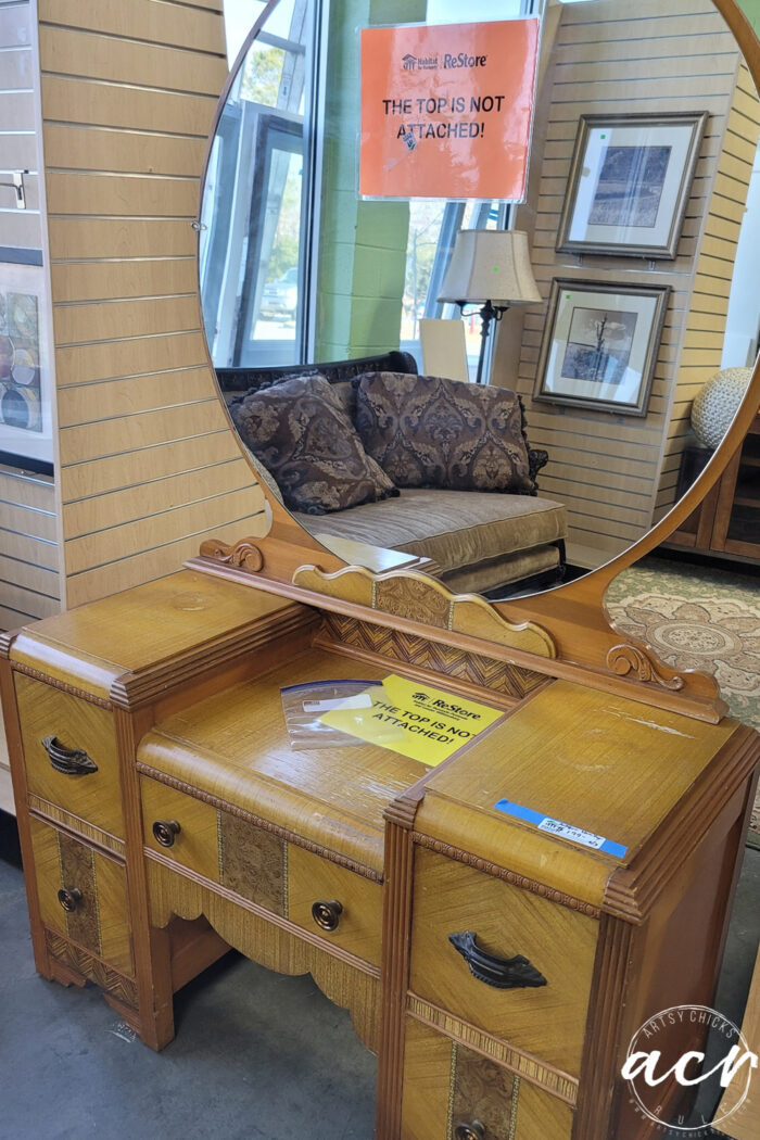 wood stained dressing table with mirror