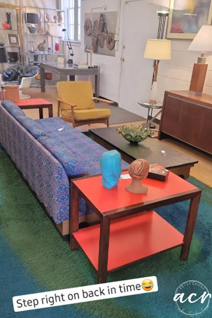 bright orange end tables, harvest gold chair, blue sofa