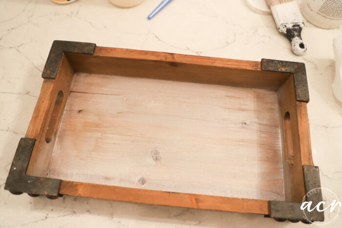 metal and wood tray with whitewashed bottom