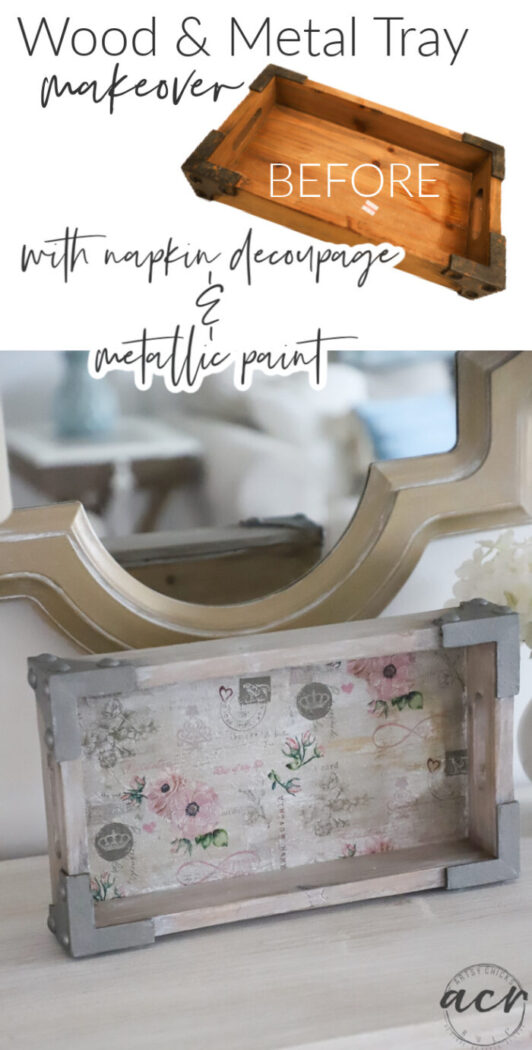 Wood and metal tray makeover with metallic paint and napkin decoupage! artsychicksrule.com