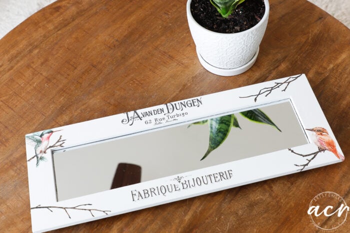white mirrored tray with bird transfers