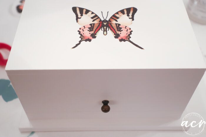 white painted box with bronze knob and butterfly on top