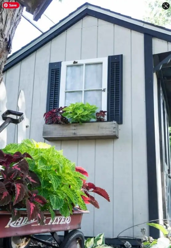shed with faux window and window box with plants