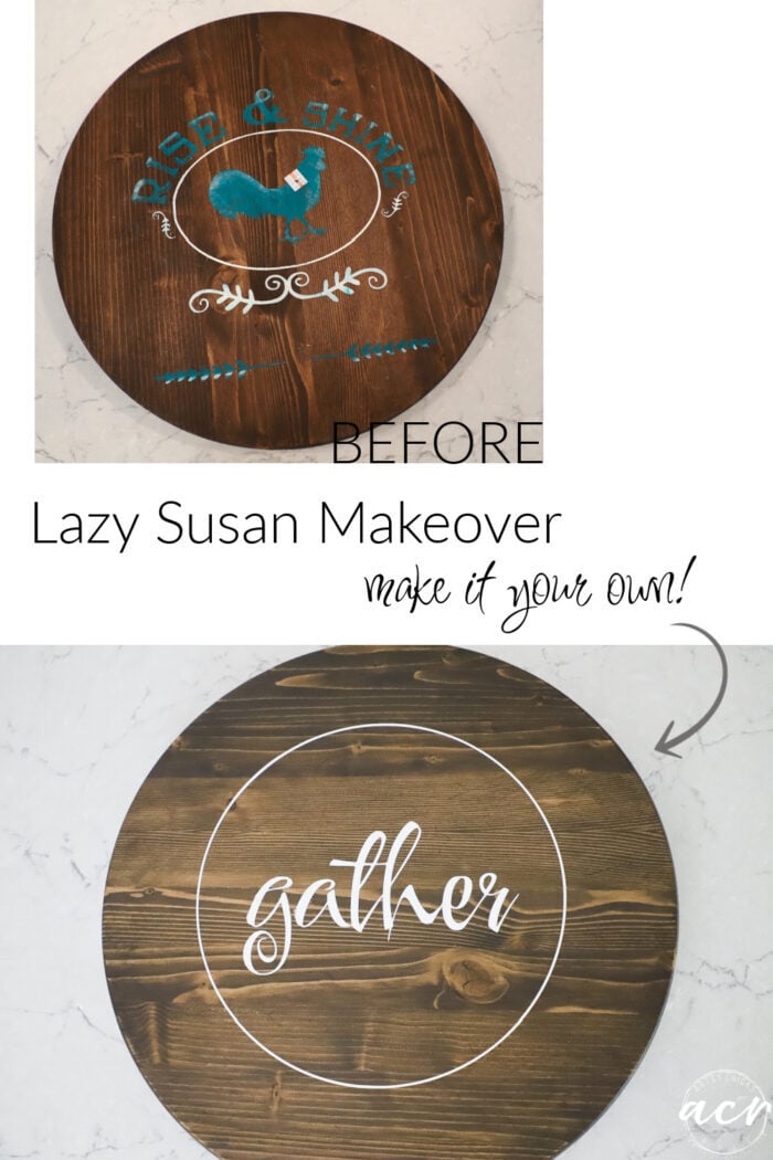 This thrift store find was not my style. A simple fix wth a new graphic on this lazy susan makeover project! artsychicksrule.com #lazysusan