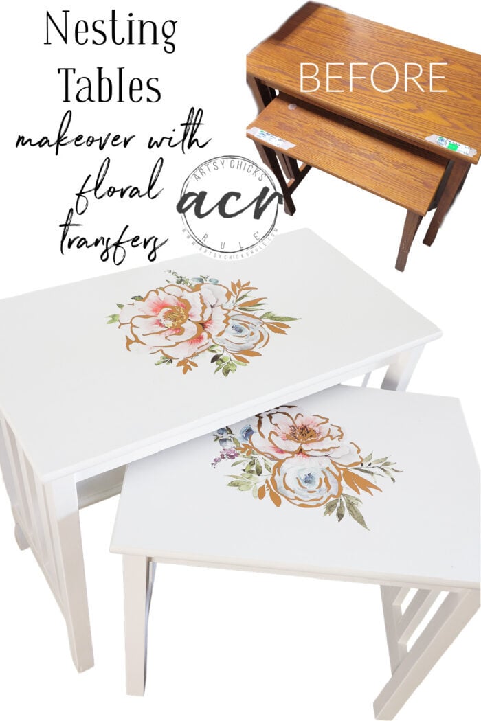 These gorgeous floral transfers are the perfect finishing touch to these nesting tables makeover!  artsychicksrule.com