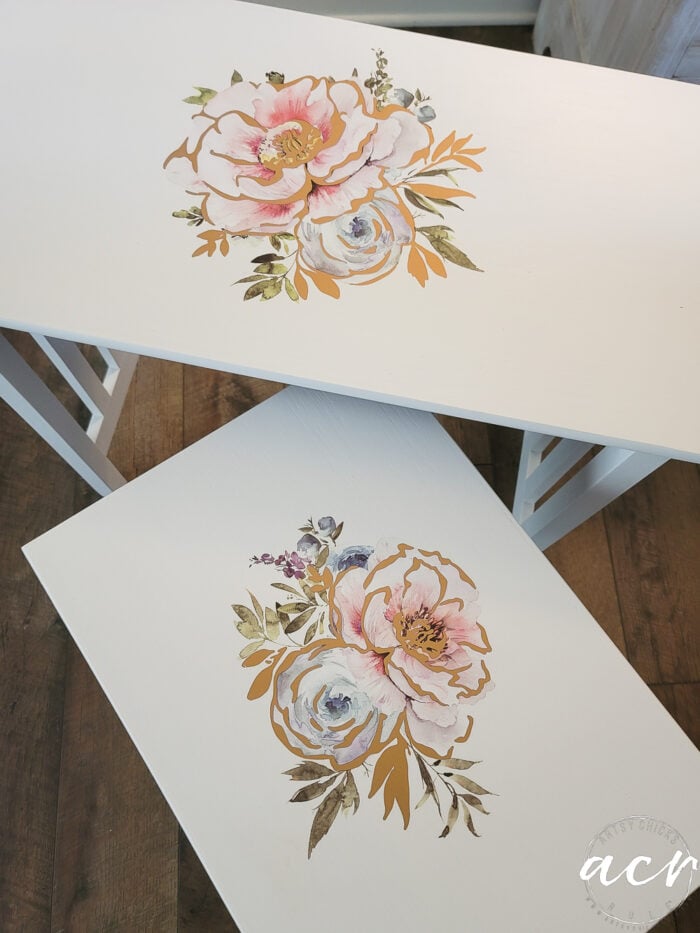 decor transfers transferred to white table tops