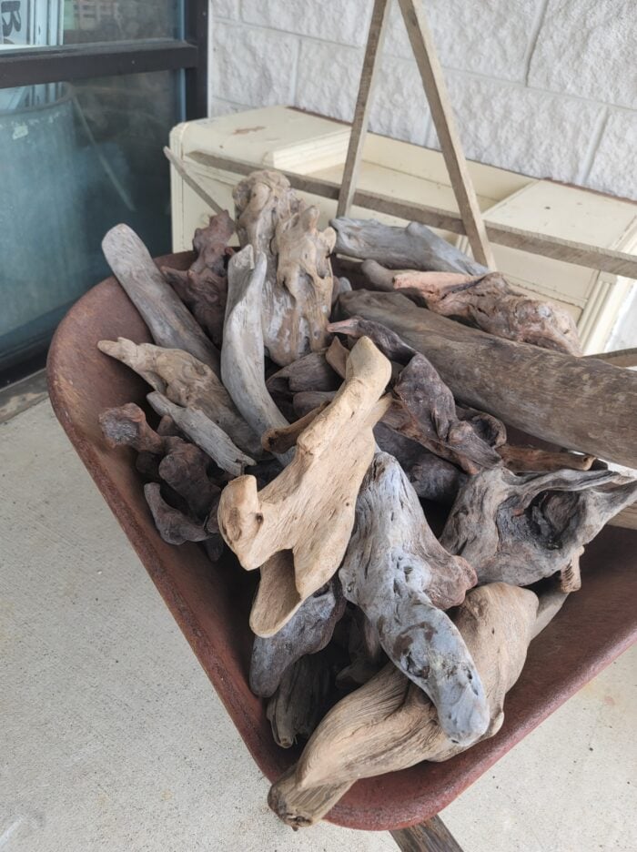 wheelbarrow full of driftwood