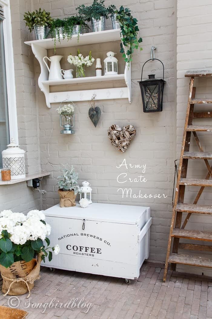 white trunk with shelf above on porch