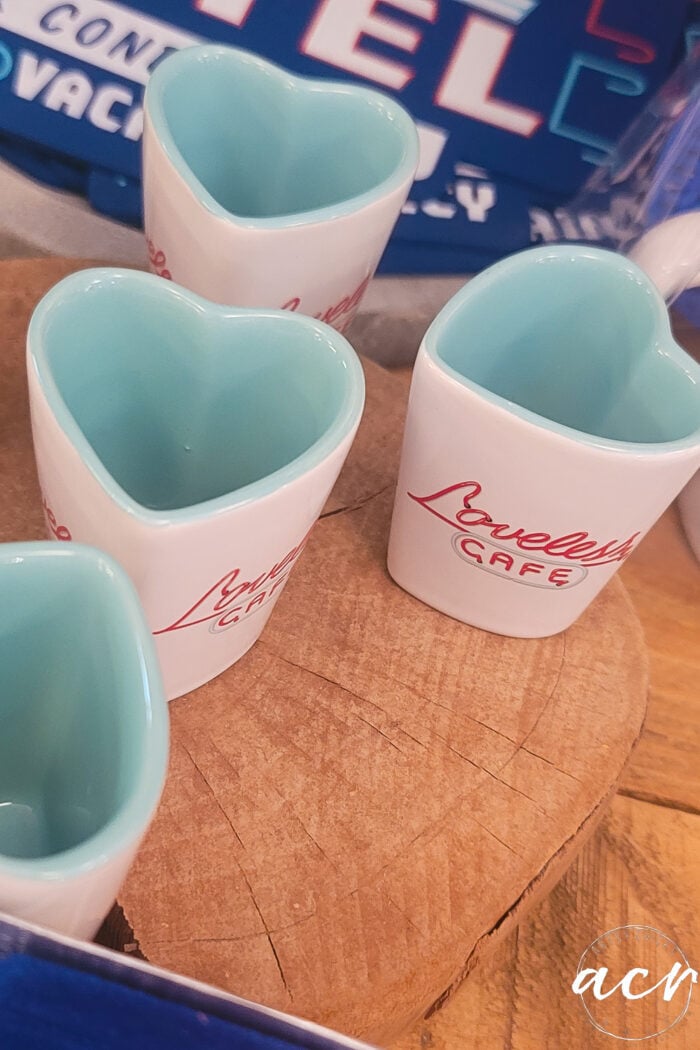 small heart shaped aqua white and red shot glasses from loveless cafe