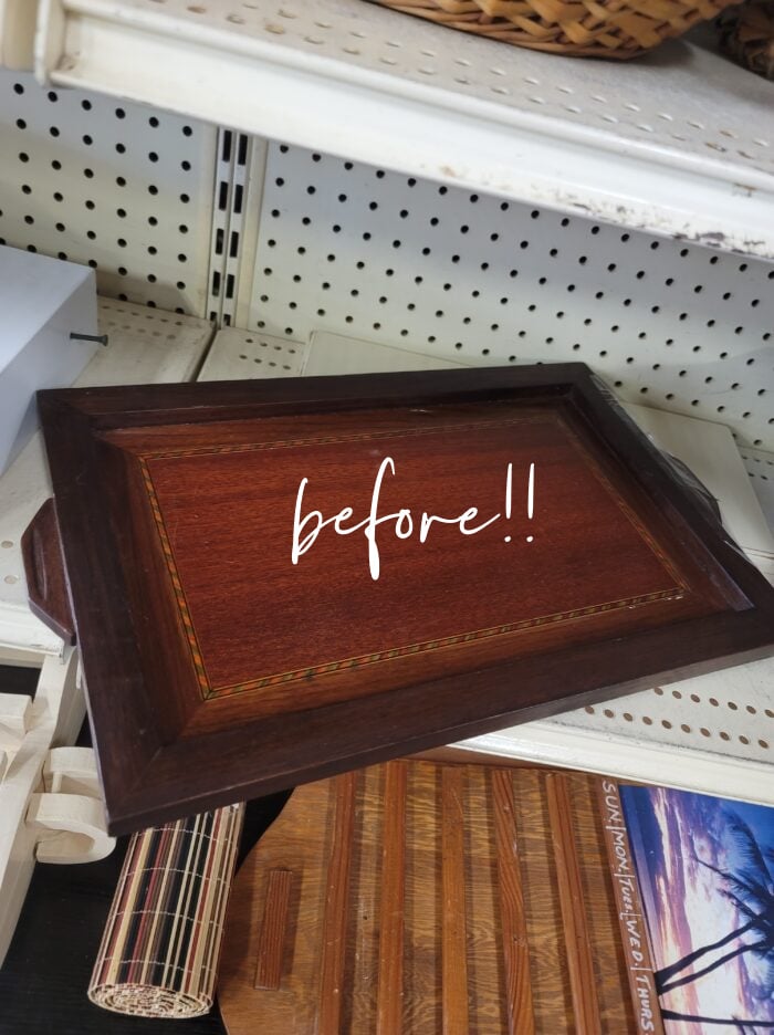 wood tray on shelf