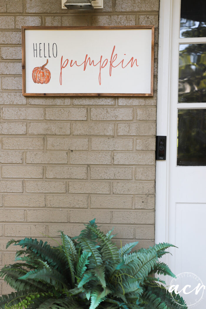 hello pumpkin sign on tan brick wall