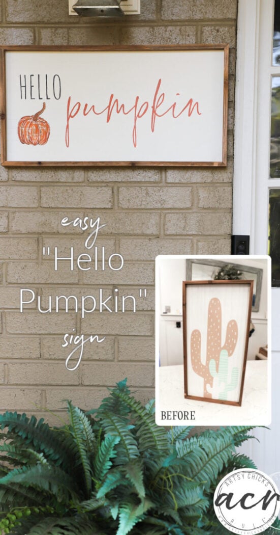 Make this Hello Pumpkin Sign easily with a printed transfer, craft paint and a thrifted sign! artsychicksrule.com