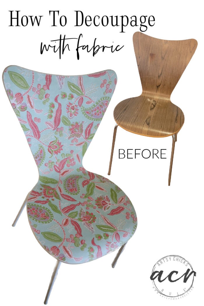 How to decoupage chair with fabric...it's so simple to do! Great way to update old furniture! artsychicksrule.com