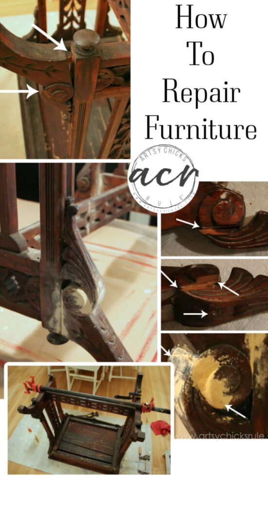 How to repair furniture, caulk, glue, wood putty, clamps...and more glue! artsychicksrule.com