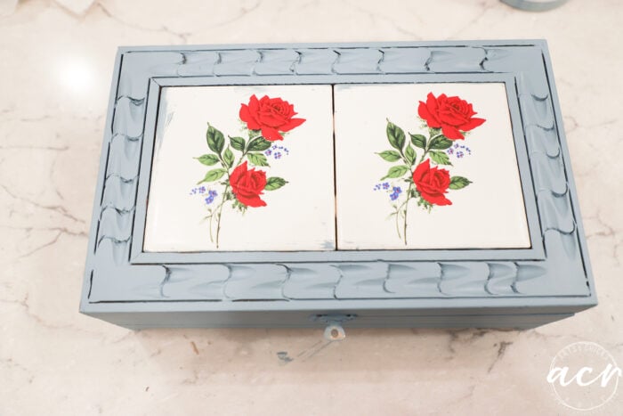 blue painted keepsake box on counter