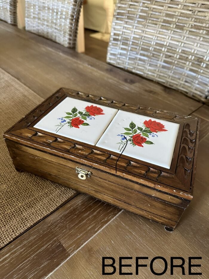 brown keepsake box with white tiles on top