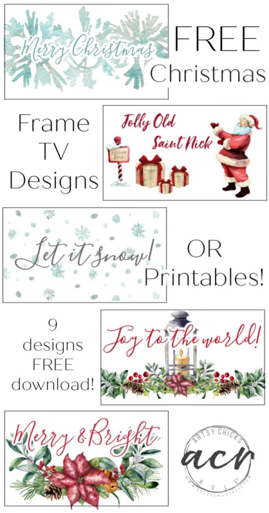 9 FREE Christmas Frame TV Art Designs to use on your Frame TV (or smart TV) or download and print out as decor! artsychicksrule.com