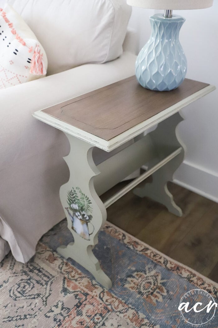 small green and wood end table