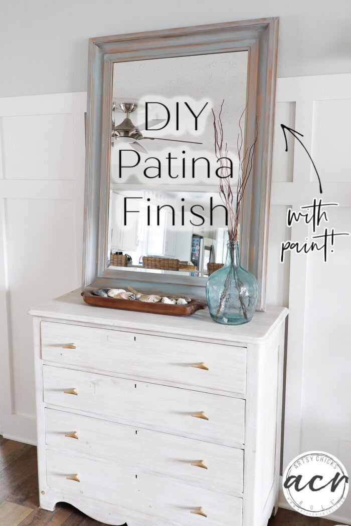 This DIY Patina Faux Finish is simple to do! All you need is a little paint, brush, and wipe! Zero perfection needed, anyone can do it! artsychicksrule.com