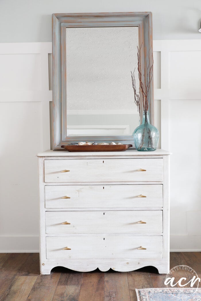patina mirror on white dresser