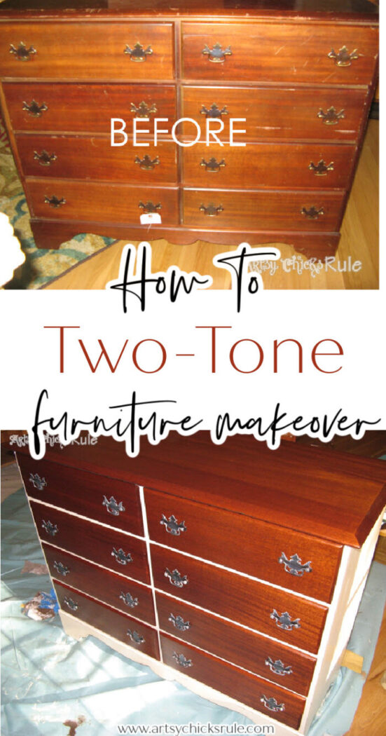 Learn how to two tone furniture! This two tone furniture makeover is the perfect solution to loving painted furniture but also wanting to see the wood! Best of both! artsychicksrule.com