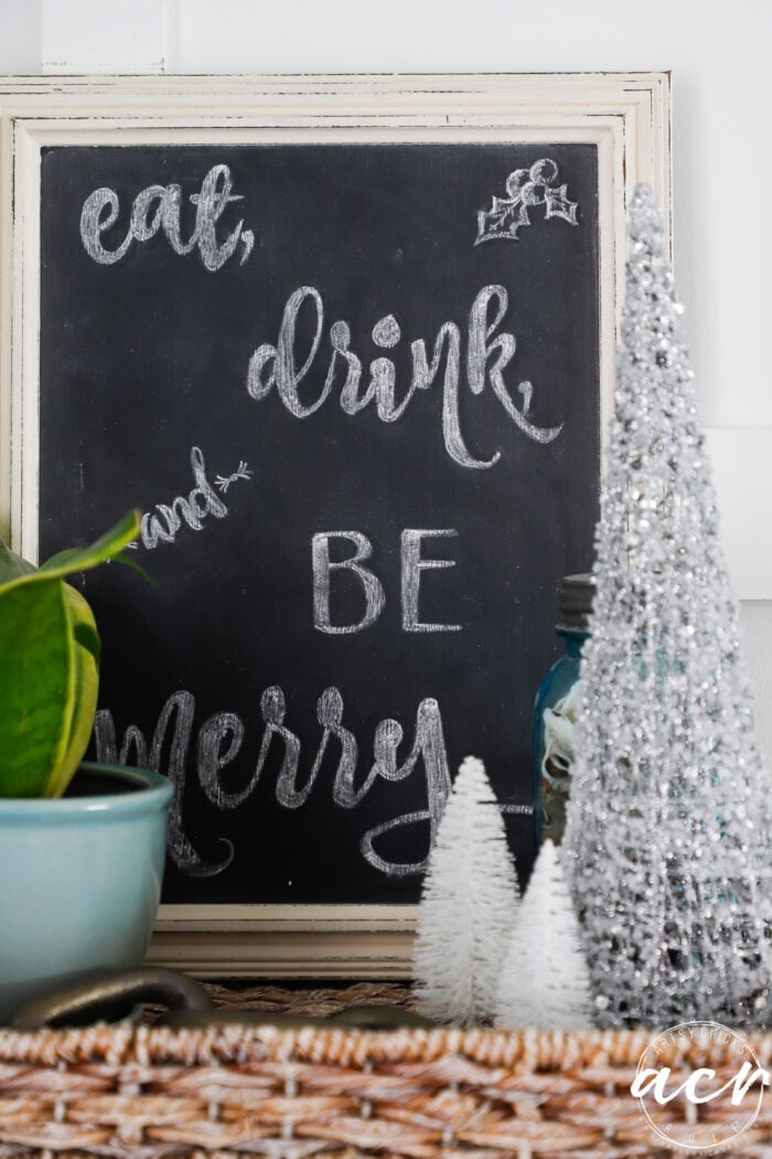 chalk board framed with eat drink and be merry written in chalk