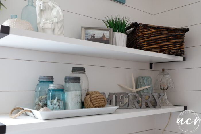 open shelves in laundry decorated