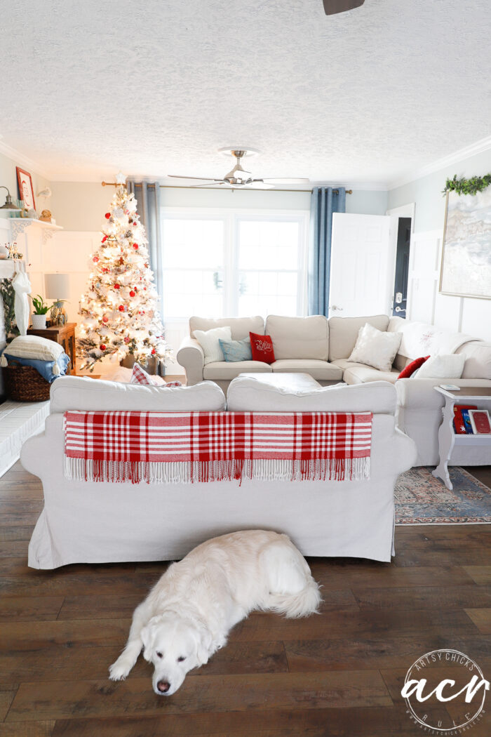 living room picture with white dog laying on wood floor