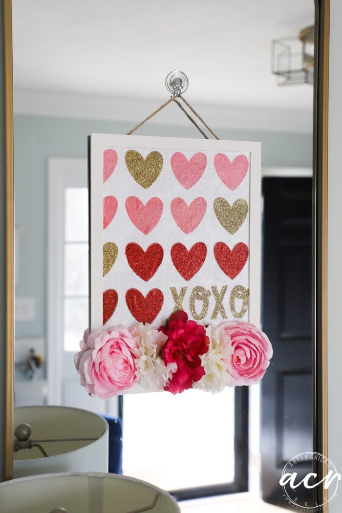 hearts and flowers hanger on gold framed mirror