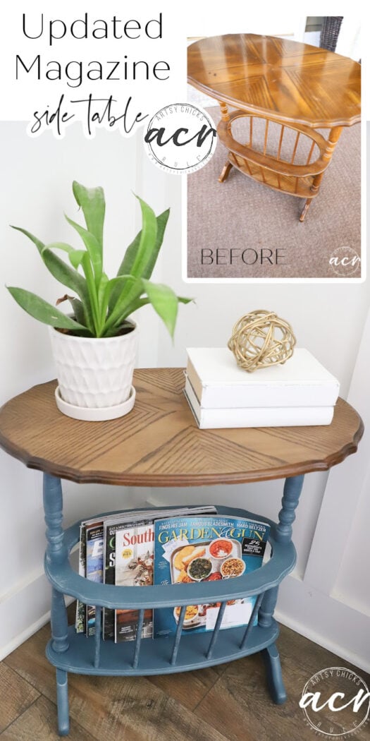 Magazine Holder End Table Makeover - turned this dated old table into a treasure with a simply refinished top and painted base! artsychicksrule.com