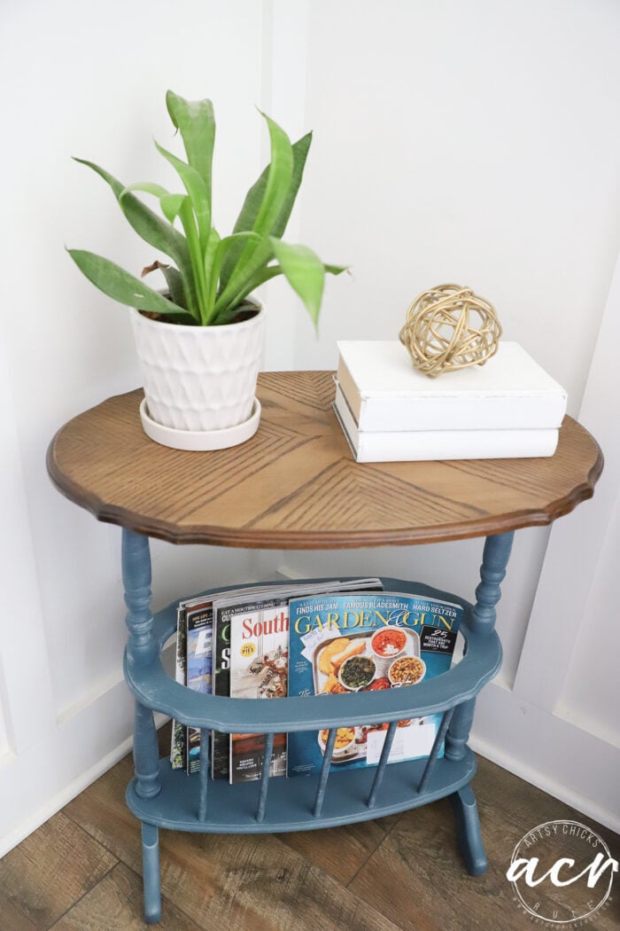 stained top blue table in corner with green plant, white books and magazines