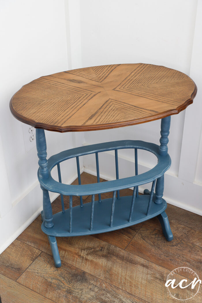 blue base table with stained top
