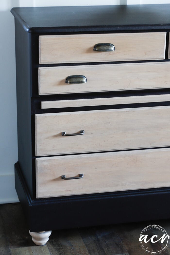 dark painted dresser with bleached drawer fronts