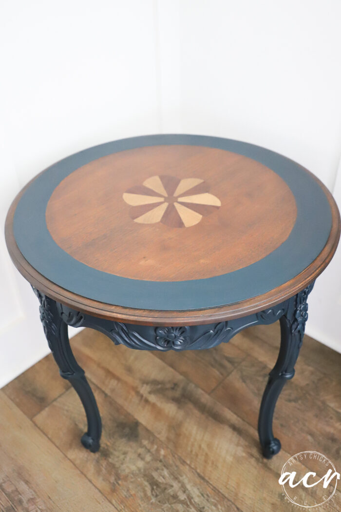 finished table in corner blue and stained