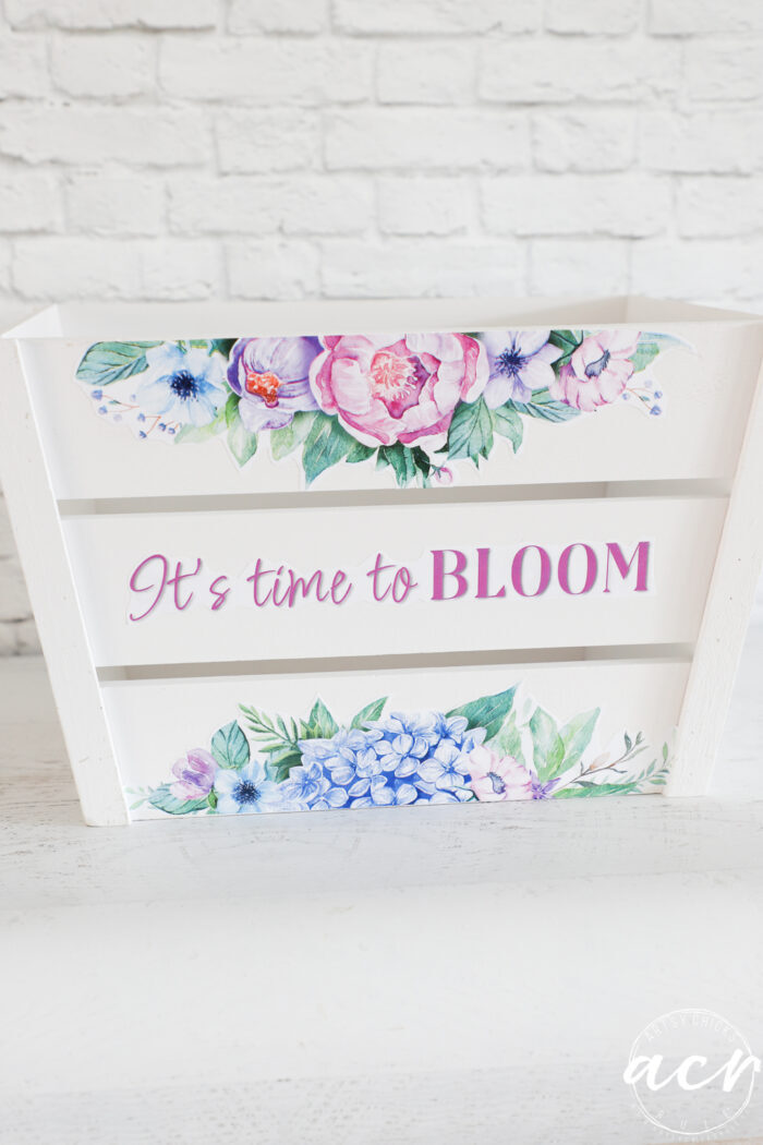 finished white wood crate with colorful flower printable