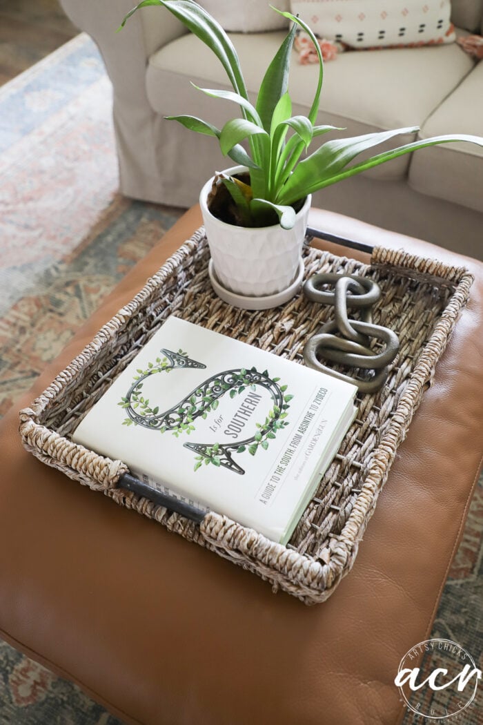 tray on top of ottoman in living room