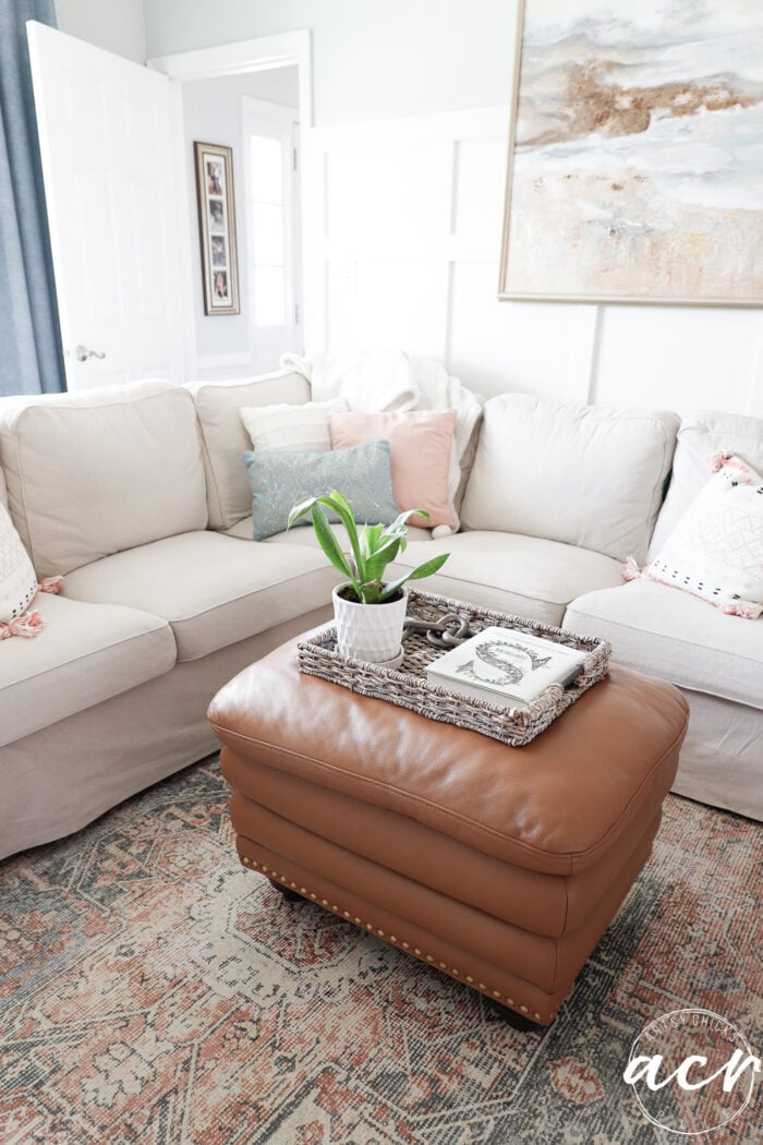 ottoman in living room with tray on top