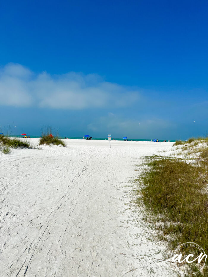 white sand and blue skies