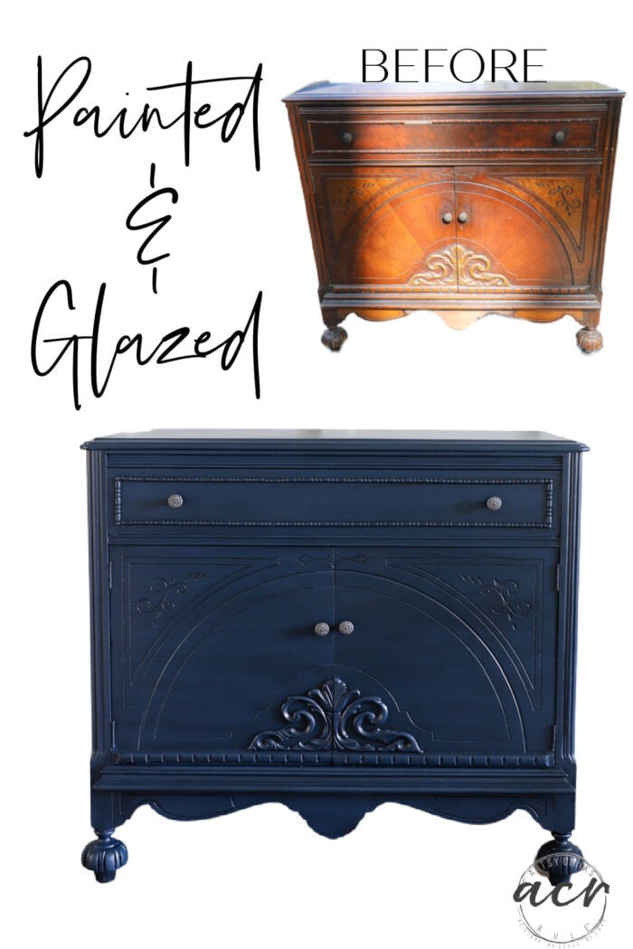 This antique cabinet makeover got a gorgeous color, Willowbank, and some glaze to top it off and provide depth! A little surprise inside too! artsychicksrule.com