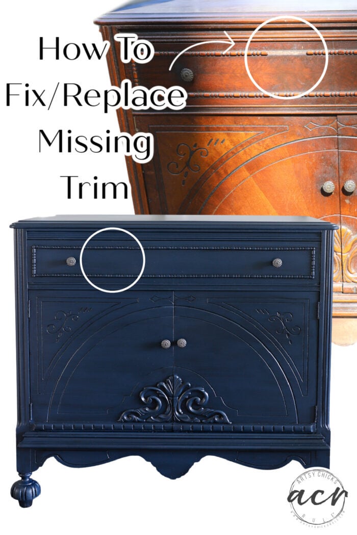 Don't pass up those oldies because they are missing trim/molding! Let me show you how to replace missing trim on furniture! artsychicksrule.com