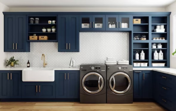 dark blue cabinets in laundry room