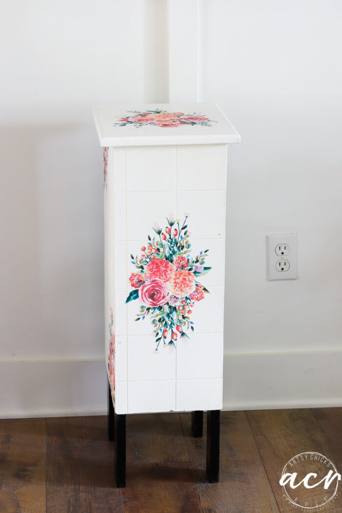 back view of floral printable on cabinet