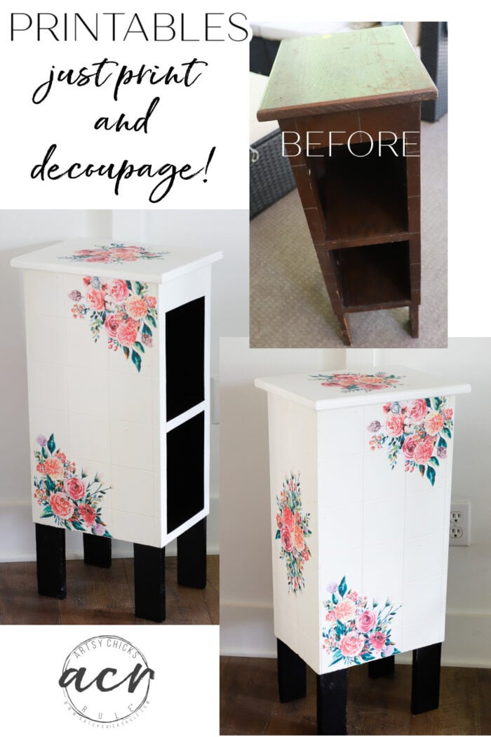 This floral mini cabinet got a brand new look with printables to decoupage! artsychicksrule.com