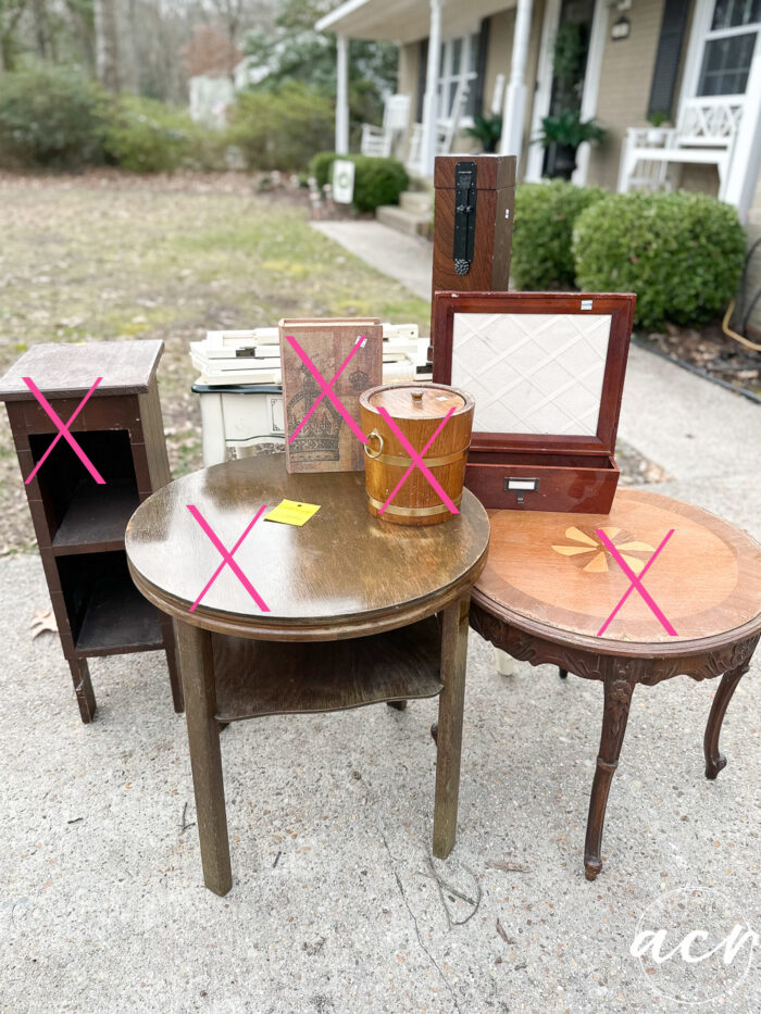 various thrifted items in their 'before' state on driveway