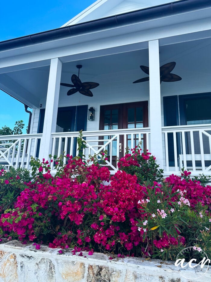 cute white porch with hot pink flowers